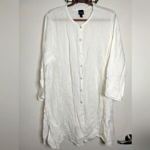 Eileen Fisher (Size XL) White 100% Linen Button Down Front LS Tunic Shirt Dress